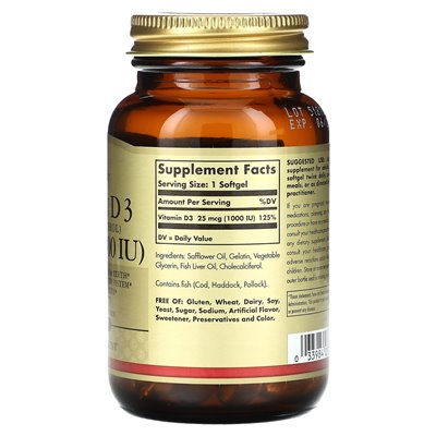 Solgar, Vitamin D 3 (Cholecalciferol), 25 mcg (1000 IE), 100 Kapseln