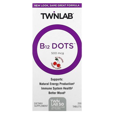 Twinlab, Dots B12, wiśnia, 500 mcg, 250 tabletek