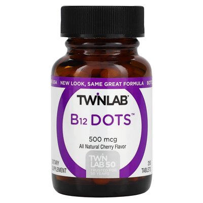 Twinlab, Dots B12, wiśnia, 500 mcg, 250 tabletek