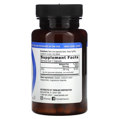 TwinLab, czapki cynku, 30 mg, 100 kapsułek