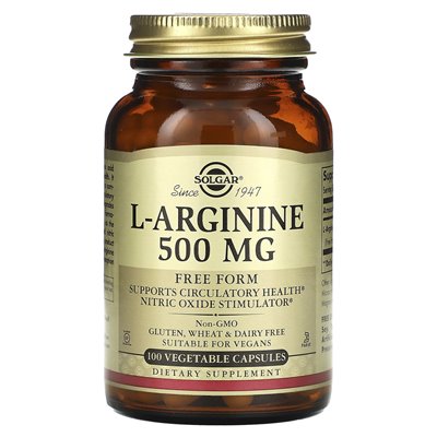 Solgar, L-arginina, 500 mg, 100 kapsułek warzywnych