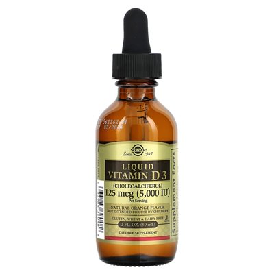 Solgar, płynna witamina D3, Natural Orange, 125 mcg (5000 IU), 2 Fl Oz (59 ml)