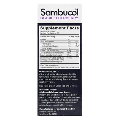 Sambucol, czarny czarny, musujące tabletki + witamina C & cynk, wiek 4+, 15 musujących tabletek Sambucol, czarny czarny, musujące tabletki + witamina C & cynk, wiek 4+, 15 musujących tabletek