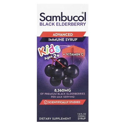 Sambucol, Kids, Black Bronberberry, zaawansowany syrop immunologiczny, wiek 2+, 8360 mg, 7,8 fl oz (230 ml)