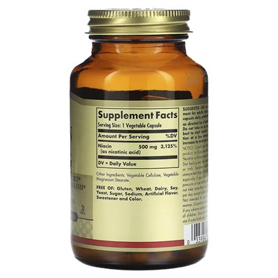 Solgar, Niacin (Vitamin B 3), 500 mg, 100 Veg Capsules