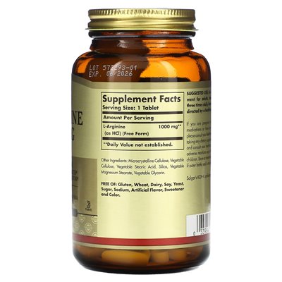 Solgar, L-arginina, forma wolna, 1000 mg, 90 tabletek