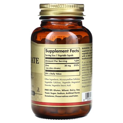 Solgar, cytrynian cynku, 30 mg, 100 kapsułek warzywnych