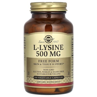 Solgar, L-Lysine, wolna forma, 500 mg, 100 kapsułek warzywnych