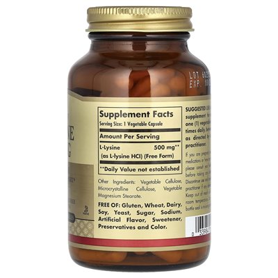 Solgar, L-Lysine, wolna forma, 500 mg, 100 kapsułek warzywnych