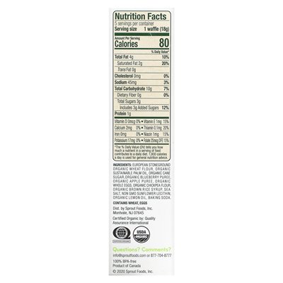 Sprout Organics, Wafflez, Blueberry Apple, 5 Packets, 0.63 oz (18 g) each