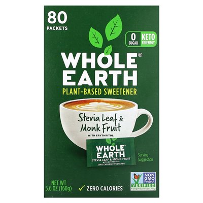 Whole Earth, Stevia Leaf & Monk Fruit with Erythritol, 80 Packets, 5.6 Ounces (160 G)