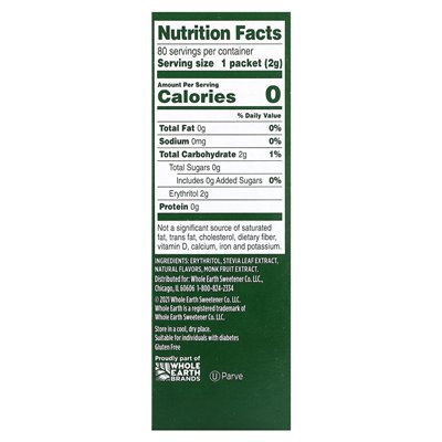 Whole Earth, Stevia Leaf & Monk Fruit with Erythritol, 80 Packets, 5.6 Ounces (160 G)