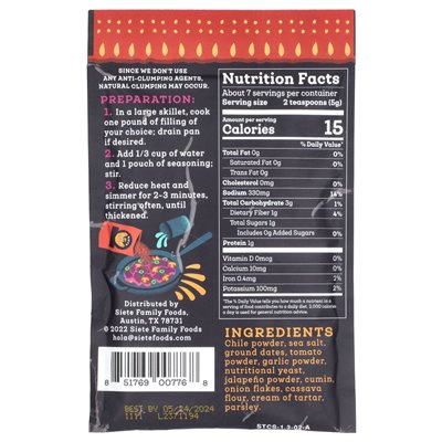 Siete, taco seasoning, spicy, 1.31 oz (37 g) Siete, taco seasoning, spicy, 1.31 oz (37 g)