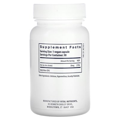 Żywotne składniki odżywcze, cynk (cytrynian), 30 mg, 90 wegańskich kapsułek
