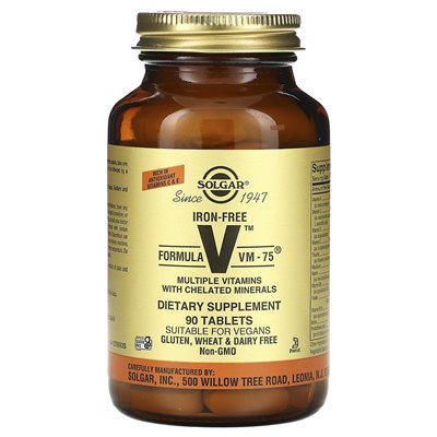 Solgar, Formula V, VM-75, Multi-Vitamin with Chelated Minerals, Iron-Free, 90 Tablets