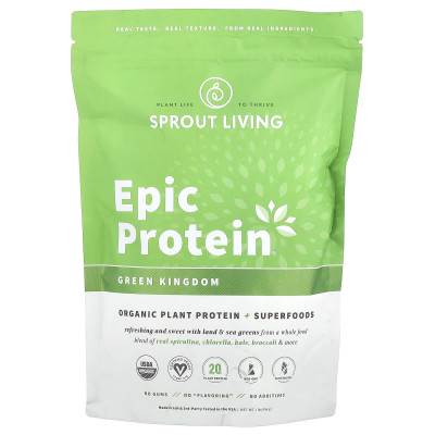 Living, Epic Protein®, organiczne białko roślinne + superfoody, zielone królestwo, 1 funt (456 g)