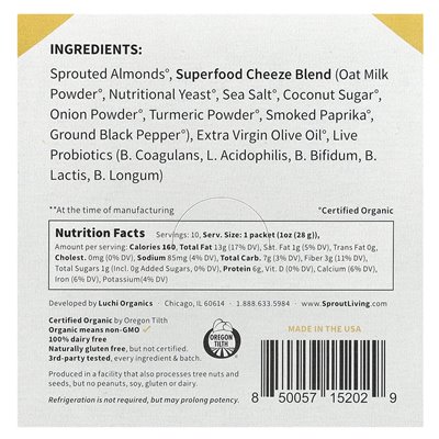 Sprouted Life, Probiotic Almonds, Cheddar Cheeze, 10 Packets, 1 Ounce (28 G) Each