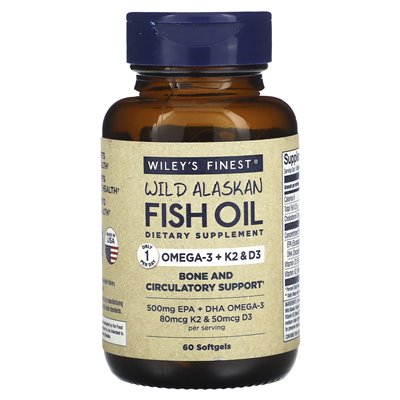 Najlepszy, dziki alaskowski olej rybny, omega-3 + K2 i D3, 60 rybnych miękkich