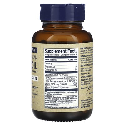 Najlepszy, dziki alaskowski olej rybny, omega-3 + K2 i D3, 60 rybnych miękkich