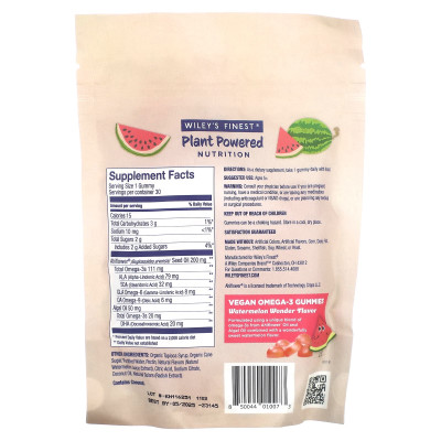 Najpopularniejsze, żywieniowe żywieniowe, wegańskie Omega-3, dla dzieci, Watermelon Wonder, 131 mg, 30 gumzy