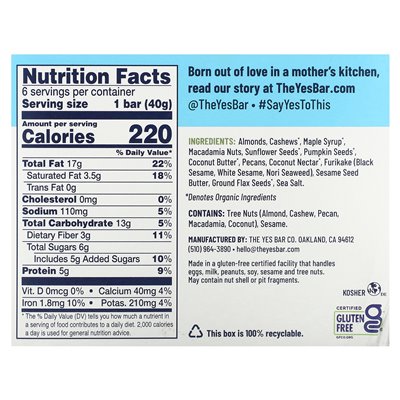Yes, Riegel, Snackriegel, Black Sesame Sea, 6 Riegel à 40 g