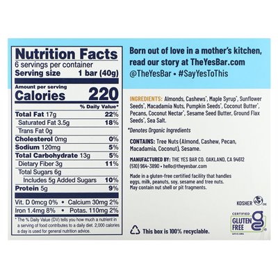 Yes, Bar, Snack Bar, Salted Maple Pecan, 6 Bars, 1.4 oz (40 g) each