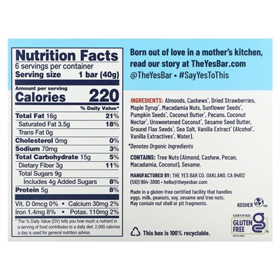 Yes, Riegel, Snackriegel, Erdbeer-Kokos, 6 Riegel à 40 g