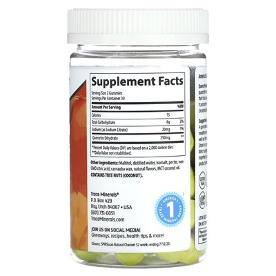 Trace Minerals ®, Żelki z kwercetyną, Mango, 250 mg, 60 żelek (125 mg w żelu) Trace Minerals ®, Żelki z kwercetyną, Mango, 250 mg, 60 żelek (125 mg w żelu)