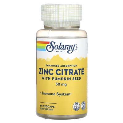 Solaray, cytrynian cynku z nasionami dyni, 50 mg, 60 warzyw Solaray, cytrynian cynku z nasionami dyni, 50 mg, 60 warzyw