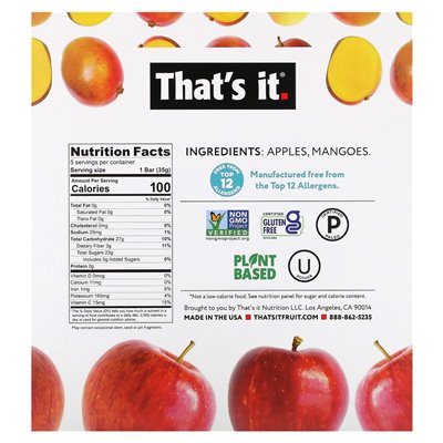 That's all, fruit bars, apple + mango, 5 bars, 1.2 oz (35 g) each