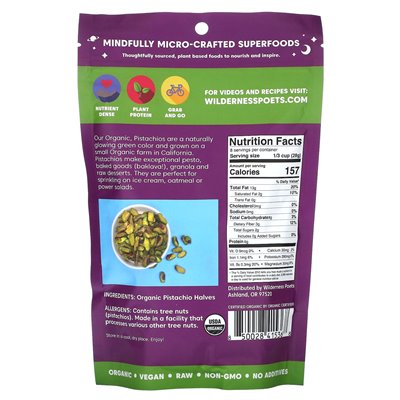 Wilderness Poets, California Organic Pistachios, Light Green Halves, Unsalted, 8 oz (226 g)
