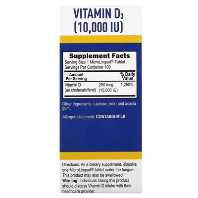 Najwyższe źródło, D3, dodatkowa wytrzymałość, 250 mcg (10 000 IU), 100 mikrolingowych tabletek natychmiastowych rozpuszczania