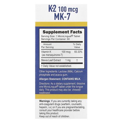 Höchste Quelle, Vitamin K-2, 100 mcg, 60 Mikrolingualtabletten lösen sich auf