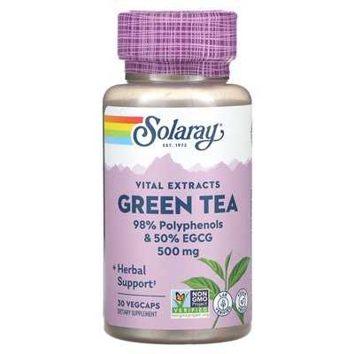 Solaray, istotne ekstrakty, zielona herbata, 500 mg, 30 Vegcaps
