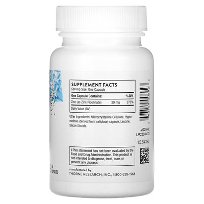 Thorne, Cytrynian Cynku Picolinate, 30 mg, 60 Kapsułek Thorne, Cytrynian Cynku Picolinate, 30 mg, 60 Kapsułek