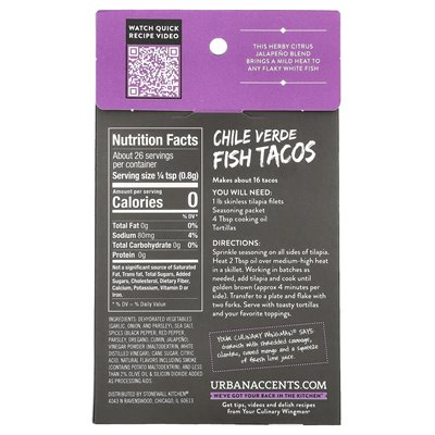 Akcenty miejskie, mieszanka przypraw, chile verde fish tacos, 0,75 uncji (21 g) Akcenty miejskie, mieszanka przypraw, chile verde fish tacos, 0,75 uncji (21 g)