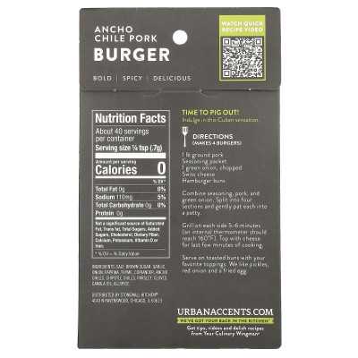 Urban Accents, Ancho Chile Burger, Smoky Sweet Chile Mix, 1 oz (28 g) Urban Accents, Ancho Chile Burger, Smoky Sweet Chile Mix, 1 oz (28 g)