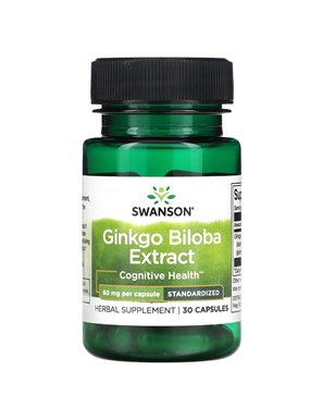 Swanson, Wyciąg z Ginkgo Biloba, Zstandardyzowany, 60 mg, 30 Kapsułek Swanson, Wyciąg z Ginkgo Biloba, Zstandardyzowany, 60 mg, 30 Kapsułek