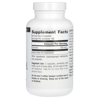 Source Naturals, 100% Czysty Aktywowany Węgiel, 260 mg, 200 Kapsułek Source Naturals, 100% Czysty Aktywowany Węgiel, 260 mg, 200 Kapsułek