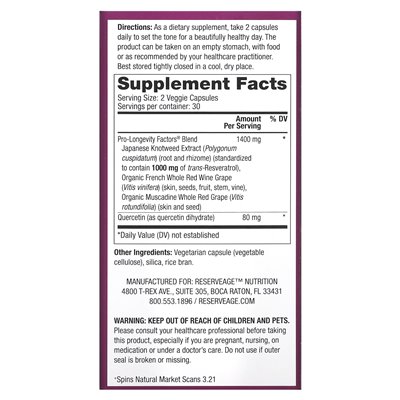 Reserveage Beauty, Resveratrol, Trans-Resveratrol, 1000 mg, 60 Veg Capsules (500 mg per capsule)