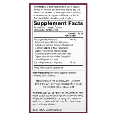 Reservage Beauty, Resveratrol, Trans-Resveratrol, 500 mg, 60 Gemüsekapseln