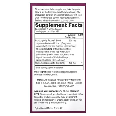 Reservage Beauty, Resveratrol, Trans-resveratrol, 250 mg, 120 veg capsules Reservage Beauty, Resveratrol, Trans-resveratrol, 250 mg, 120 veg capsules