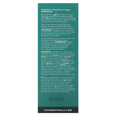 SUKIN, SUPER GREENS, Facial Recovery Serum, 1.01 Fl Oz (30 ml)