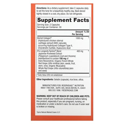 Reserveage Beauty, Collagen Booster with Hyaluronic Acid and Resveratrol, 60 Capsules