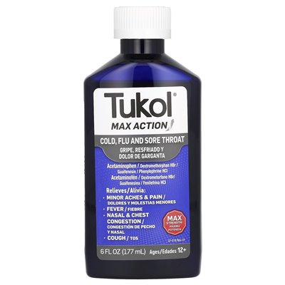 Tukol, Max Action, Cold, Flu i ból gardła, w wieku 12+, 6 fl oz (177 ml)
