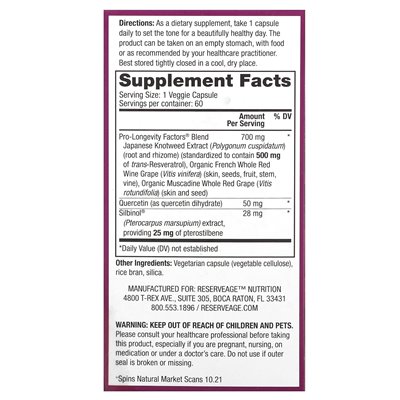 Reserveage Beauty, Resveratrol mit Pterostilben, 500 mg, 60 Gemüsekapseln