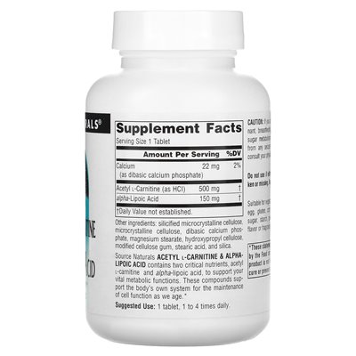 Źródło Naturals, acetyl-karnityna i kwas alfa-lipoinowy, 650 mg, 60 tabletek