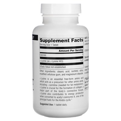 Źródło Naturals, L-Lysine, 1000 mg, 100 tabletek