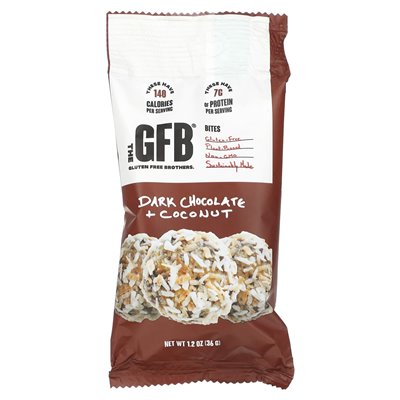 GFB, ukąszenia bezglutenowe, ciemna czekolada + kokos, 10 opakowań, 1,2 uncji (36 g) GFB, ukąszenia bezglutenowe, ciemna czekolada + kokos, 10 opakowań, 1,2 uncji (36 g)