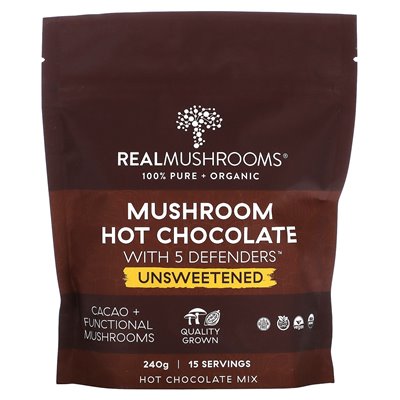 Real Mushrooms, Mushroom Hot Chocolate with 5 Defenders, Unsweetened, 240g
